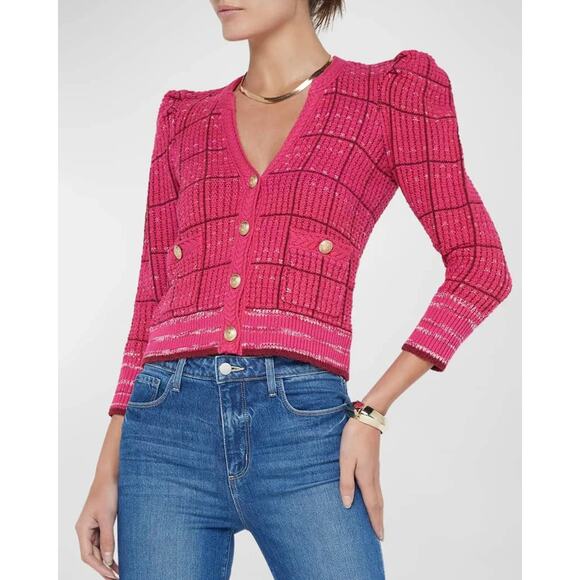 NWT L'Agence Jenni V-neck Cropped Knit Cardigan Size L Hot Pink #3E515 - Picture 4 of 15